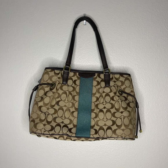 Coach Carry All Signature Brown Green Drawstring Tote Purse - Picture 1 of 16